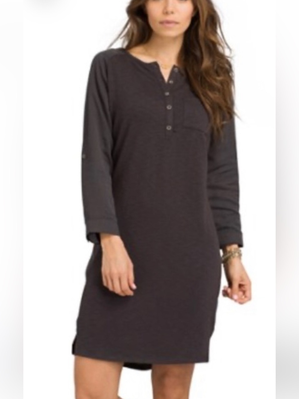 prAna Hensley Henley Dress Sz S Roll Tab Sleeves Black and Gray